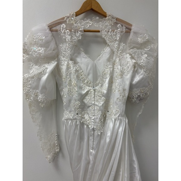 Vtg San Martin Wedding Dress Long Sleeve Train Lace Embroidered Tulle Sz 6/8 - Picture 7 of 16